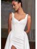 Beaded Ivory Lace Satin Slit Wedding Dress With Detachable Skirt